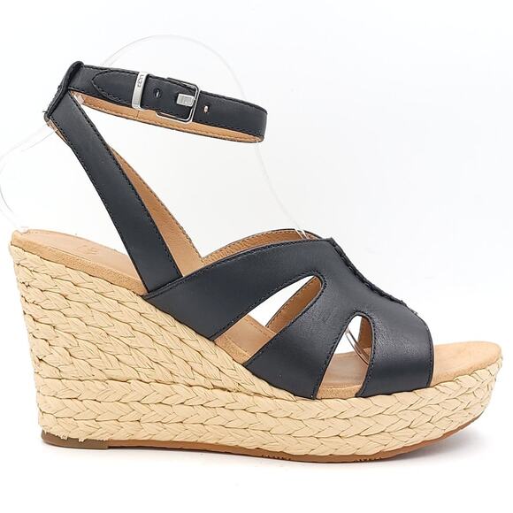 UGG Women Careena Ankle Strap Espadrille Sandals Size US 11 Black Leather - Picture 2 of 5